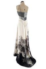 Spring 2000 Hanae Mori Haute Couture Forest & Butterfly Print Silk Chiffon Dress & Silk Huge Scarf