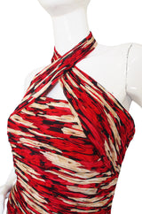 1980s Gathered Silk Chiffon Red Print Dress