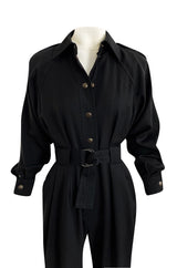1980s Yves Saint Laurent Black Snap Front Flight Jumpsuit w Slip Belt