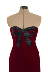 Gorgeous 1980s Oscar de la Renta Black Beaded Bow Dress in a Rich Ruby Red Velvet
