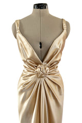 Iconic Fall 1980 John Anthony Couture Plunge Front Gold Silk Charmeuse Halter Dress w Bare Back