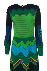 1970s Louis Feraud Turquoise & Green Printed Jersey Maxi Dress