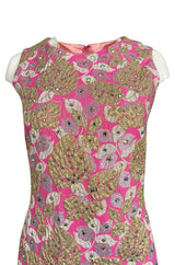 1960s Kiki Hart Silver, Gold & Pink Silk Brocade Dress w Rhinestone Detailing
