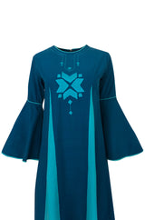 1960s Josefa Hand Embroidered Ocean Blue & Turquoise Bell Sleeve Caftan