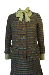 Museum Held Fall 1977 Chanel True Haute Couture Three Piece Green Boucle Skirt Suit