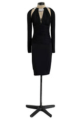 Fabulous 1980s Vicky Tiel Cut Outs Black Jersey Dress w Jewelled Pearl & Rhinestone Collar