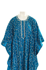 1970s Elaborately Embroidered Deep Turquoise Blue Silk Caftan Dress