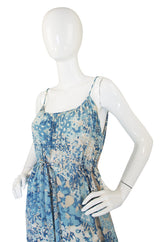 1970s Oscar De La Renta Blue Silk Print Dress