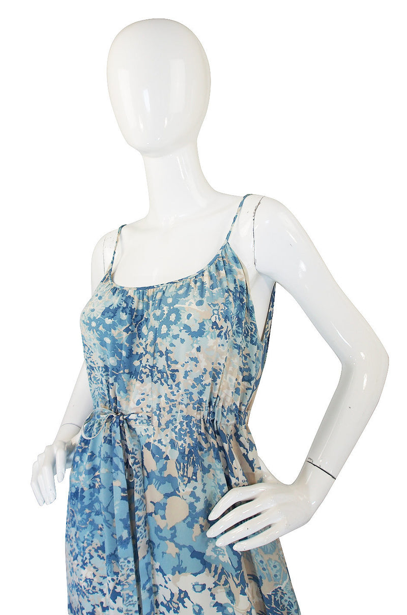 1970s Oscar De La Renta Blue Silk Print Dress