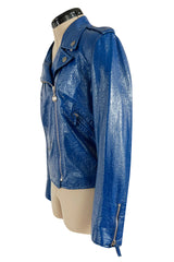 Fantastic 1990s Moschino Jeans Bright Blue Patent Faux Leather Motorcycle Jacket