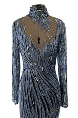Incredible 1987 Bob Mackie Blue & Silver Beaded & Sequin Dress on Black Net