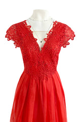 Resort 2015 Alberta Ferretti Red Silk Organza & Embroidered Lace Open Cut Work Dress