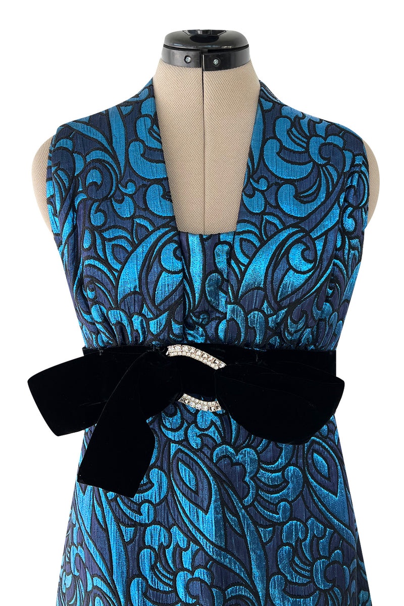 Late 1960s Lanvin by Jules-Francois Crahay Blue Metallic Silk Dress w Bow Detailing