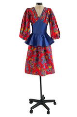 Spring 1983 Yves Saint Laurent Red Floral Print Balloon Sleeve Dress w Corset Waist & Peplum