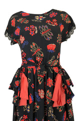 c.1974 Karl Lagerfeld for Chloe Dragon & Butterfly Printed Silk Day Dress