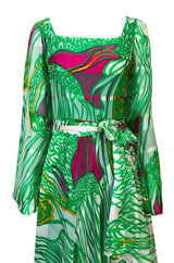 1970s Brilliant Green w Bright Pink Accents Printed Ribbon Silk Chiffon Full Length Maxi Dress