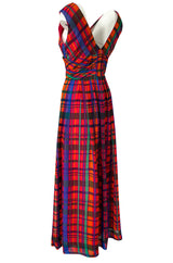 1970s Mollie Parnis Boutique Plaid Coral Blue & Green Print Chiffon Dress