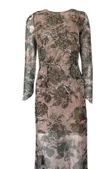 1980s Oscar de la Renta Sequin Detailed Trained Floral Silk Chiffon Dress