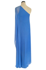 Incredible 1973 Halston One Shoulder Couture Brilliant Blue Silk Chiffon Dress