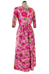 Gorgeous 1960s Jean Louis Pink w Green Floral Raised Silk Brocade Midi Dress