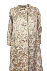 1960s Unlabeled Pink & Gold Metallic Silk Brocade Maxi Coat