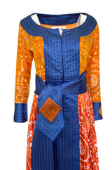 Dramatic 1970s Ronald Amey Orange Blue & Coral Print Silk Couture Dress