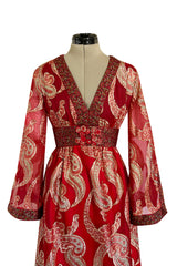 Spectacular 1970s Bill Blass Red Organza & Gold Metallic Applique Dress