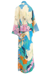 Extraordinary 1970s Hanae Mori Couture Pastel Turquoise Floral Print Silk Chiffon Dress & Jacket