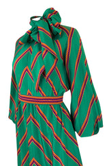 1970s Pauline Trigere Green Striped Silk Dress w Unusual Sleeves
