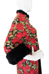 1970s Fur Trimmed Christian Floral Silk Dior Coat