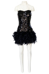 1970s Strapless Black Sequin Micro Mini Dress w Feather Hem