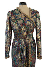 Fall 1990 Oscar de la Renta Metallic Gold Silk Lame Dress w Brass Bell Trim