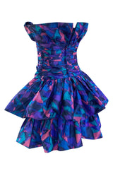 1987 Nina Ricci Multi Colour Printed Silk Taffeta Tiered Ruffled Mini Dress