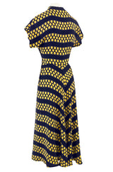 Gorgeous 1940s Yellow Dot & Deep Navy Black Chevron Print Silk Swing Dress