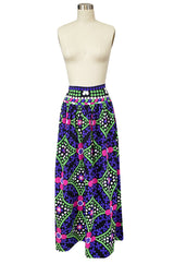 c.1974 Lanvin Bright Purple & Green Printed Jersey Full Length Maxi Skirt