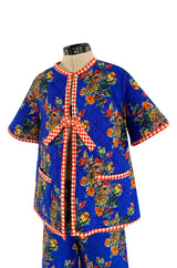 Rare 1971 Marion Foale and Sally Tuffin Blue Floral & Red Checked Pant Jacket & Hat Set