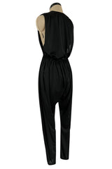 Iconic 1970s Halston Jersey Side & Front Plunging Black Jersey Jumpsuit