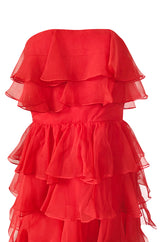c.1977 Valentino Strapless Silk Chiffon Red Ruffle Full Length Dress