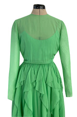 Spring 1981 Bill Blass Pastel Green Silk Chiffon Dress w Elaborate Vertically Set Ruffled Skirt