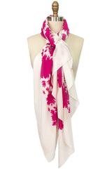 Huge 1970s Yves Saint Laurent Bright Pink & Ivory Print Silk Scarf