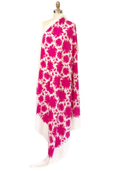 Huge 1970s Yves Saint Laurent Bright Pink & Ivory Print Silk Scarf