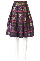 1950s Saks Fifth Avenue Purple & Gold Metallic Silk Brocade Novelty Skirt