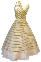 1950s Ceil Chapman Basket Weave Velvet Floral Ribbon Silk Organza Dress
