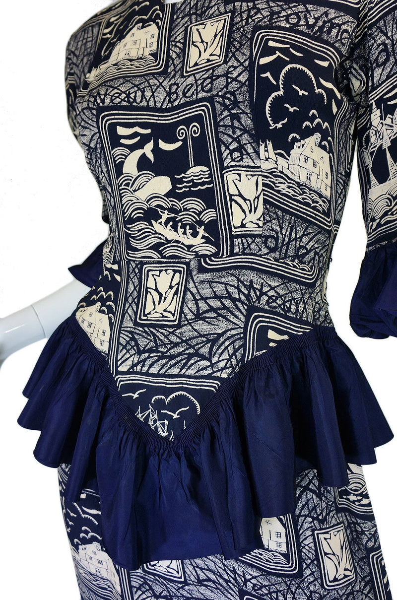 1940s Silk Peplum Printed Swing Dress