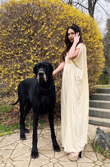 Rare 1970s Yuki Ivory Draped Jersey Open Shoulder Caftan Dress