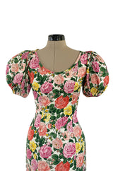 Well Documented Spring 1992 Yves Saint Laurent Ad Campaign Pouf Sleeve Silk Pink Floral Dress