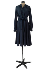 Early 2000s Lanvin by Alber Elbaz Deep Navy Blue Silk Shirt Dress W Extra Long Wrap Tie Belt