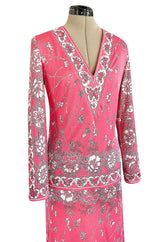 1970s Emilio Pucci Deep Pink Printed Silk Jersey Dress W High Snapped Slit Side Opening Skirt