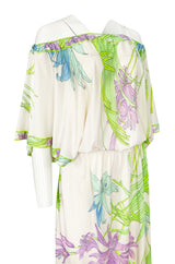 1970s Leonard Paris Off Shoulder Tropical Floral Print Silk Jersey Dress