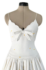Prettiest 1960s Nina Ricci White Cotton Waffle Weave Pique Dress w Embroidered Daisies